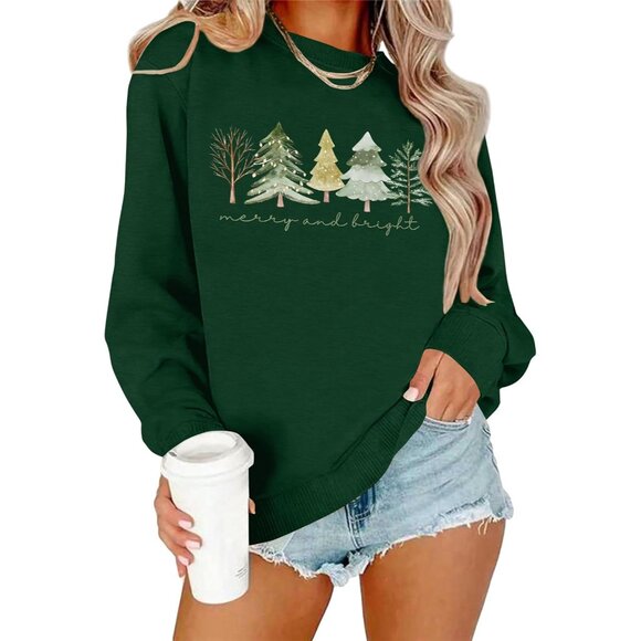 Christmas Sweater Women Cotton Blend Long Sleeve Xmas Tree Graphic - Picture 5 of 6